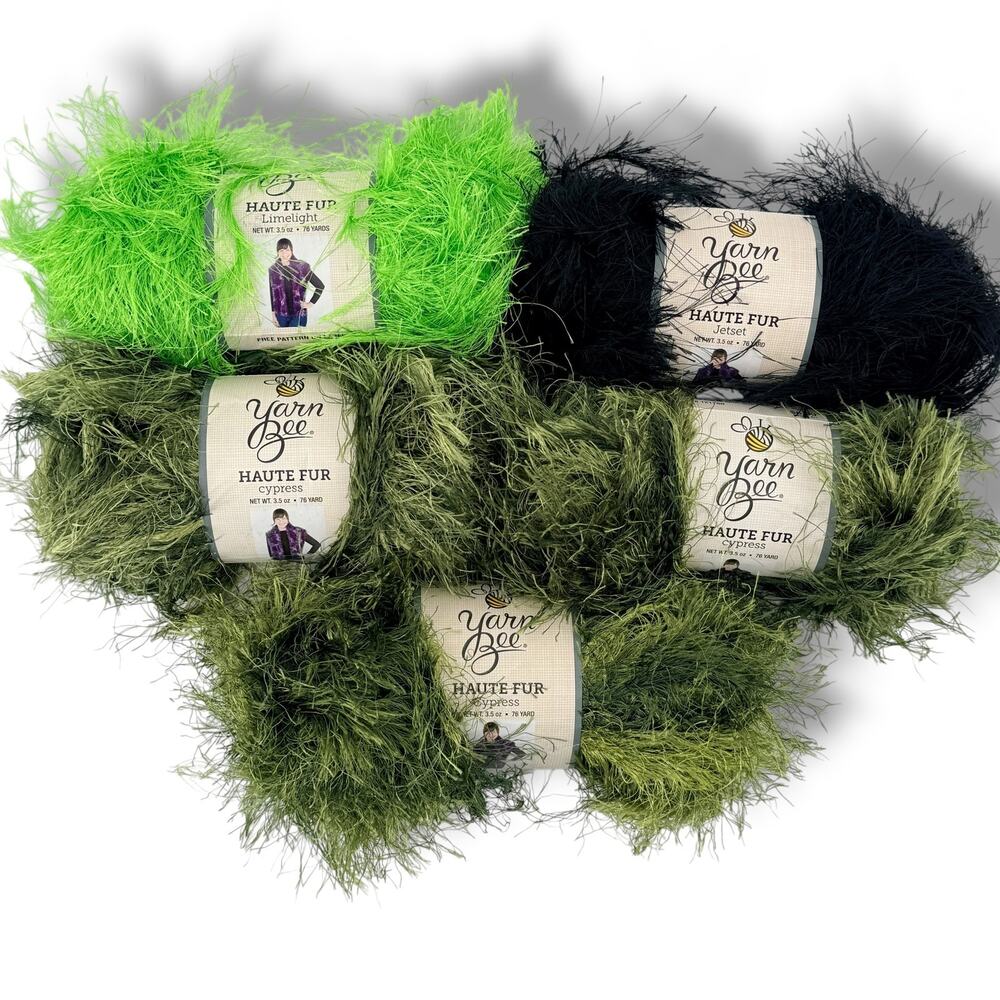 Yarn Bee Haute Fur Eyelash Yarn Lot 5 Skeins Cypress Limelight Black 3.5oz